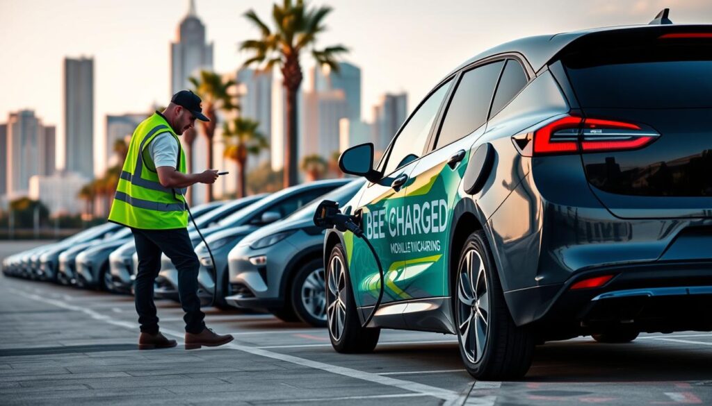 A modern, sleek electric vehicle with the "BEE CHARGED EV MOBILE CHARGING" brand prominently displayed on its side, parked in an urban setting. In the foreground, a worker in a high-visibility vest is connecting a charging cable to the vehicle, showcasing the on-demand and portable nature of the service. The middle ground features several other electric vehicles lined up, waiting to be charged. The background depicts a vibrant city skyline with skyscrapers and palm trees, conveying a sense of mobility, efficiency, and sustainability. The lighting is soft and directional, highlighting the details of the vehicles and the charging process, creating a sense of professionalism and reliability.