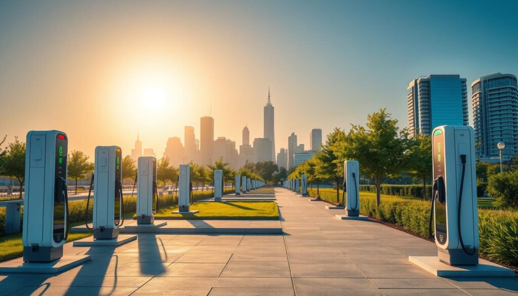 A modern, sleek landscape of "BEE CHARGED EV MOBILE CHARGING" stations set against a vibrant, sunlit backdrop. The foreground features several state-of-the-art charging ports, their futuristic designs and LED indicators beckoning passersby. In the middle ground, neatly landscaped walkways and trees create an inviting, environmentally conscious atmosphere. The background showcases a dynamic urban skyline, hinting at the integration of this advanced EV infrastructure within a thriving metropolitan setting. Crisp, high-resolution imagery captured with a wide-angle lens to convey a sense of scale and scope, emanating a progressive, forward-thinking vibe that aligns with the article's focus on New Jersey's evolving EV landscape.