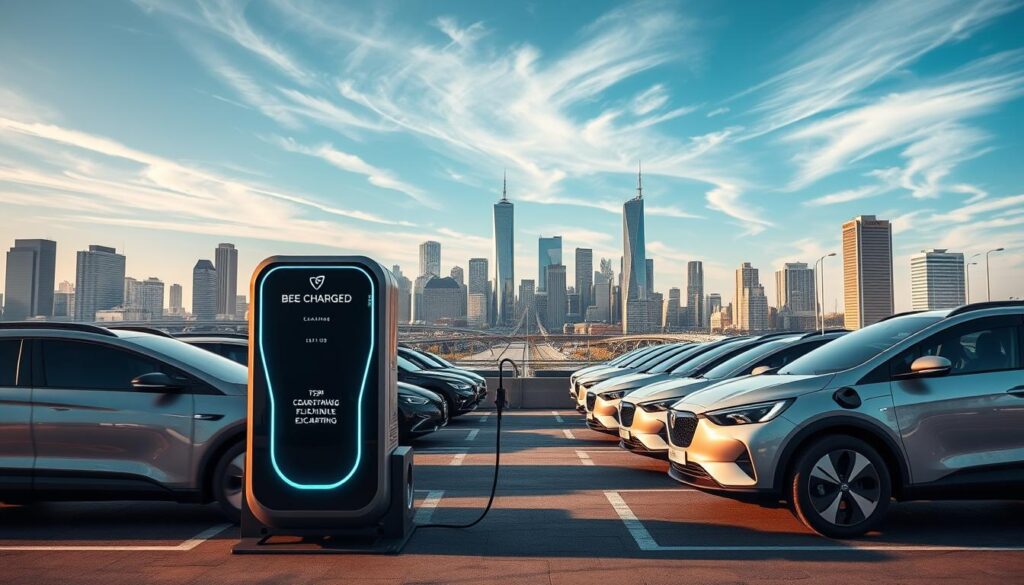 A modern, sleek mobile electric vehicle (EV) charging ecosystem unfolds before the viewer. In the foreground, the BEE CHARGED EV MOBILE CHARGING station stands as the centerpiece, its bold branding and cutting-edge design catching the eye. Surrounding it, an array of EVs of various makes and models are seamlessly integrated, charging their batteries with ease. The middle ground reveals a bustling city landscape, with skyscrapers and infrastructure that support the sustainable mobility revolution. Warm, directional lighting casts a inviting glow, highlighting the cohesive nature of this futuristic charging hub. In the background, a clear sky with wispy clouds adds a sense of tranquility, conveying the harmony between technology and the environment. The overall scene exudes a sense of efficiency, innovation, and the promise of a greener, more connected transportation future.