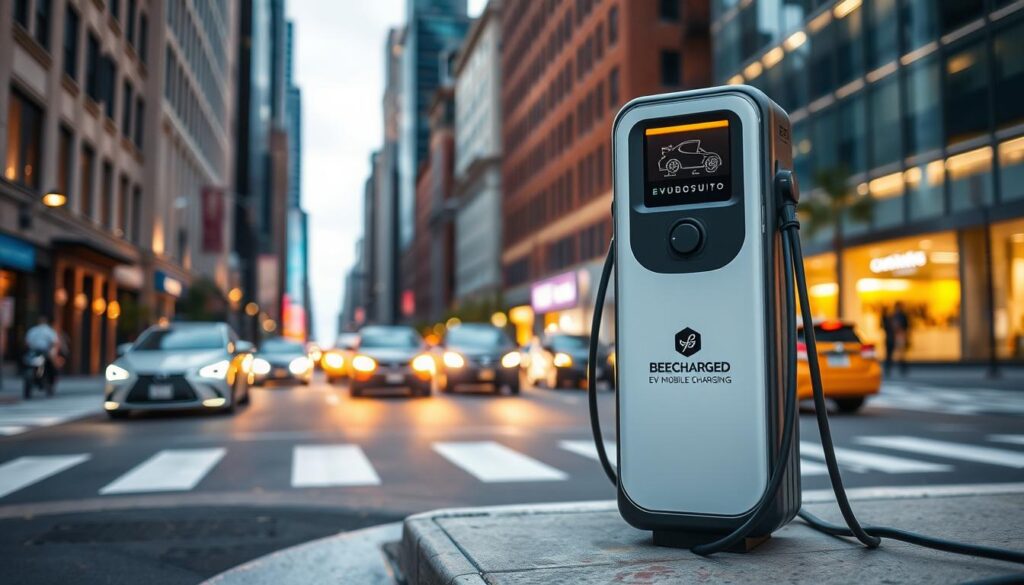 A modern, sleek portable electric vehicle charging station prominently displayed in the foreground. The "BEE CHARGED EV MOBILE CHARGING" brand name is clearly visible on the charger's housing. The charger is situated on a city street, with buildings and cars in the middle ground, and a vibrant, bustling cityscape in the background. The scene is well-lit, with a warm, inviting glow emitted from the charging station. The overall mood is one of convenience, accessibility, and the seamless integration of EV technology into urban environments.
