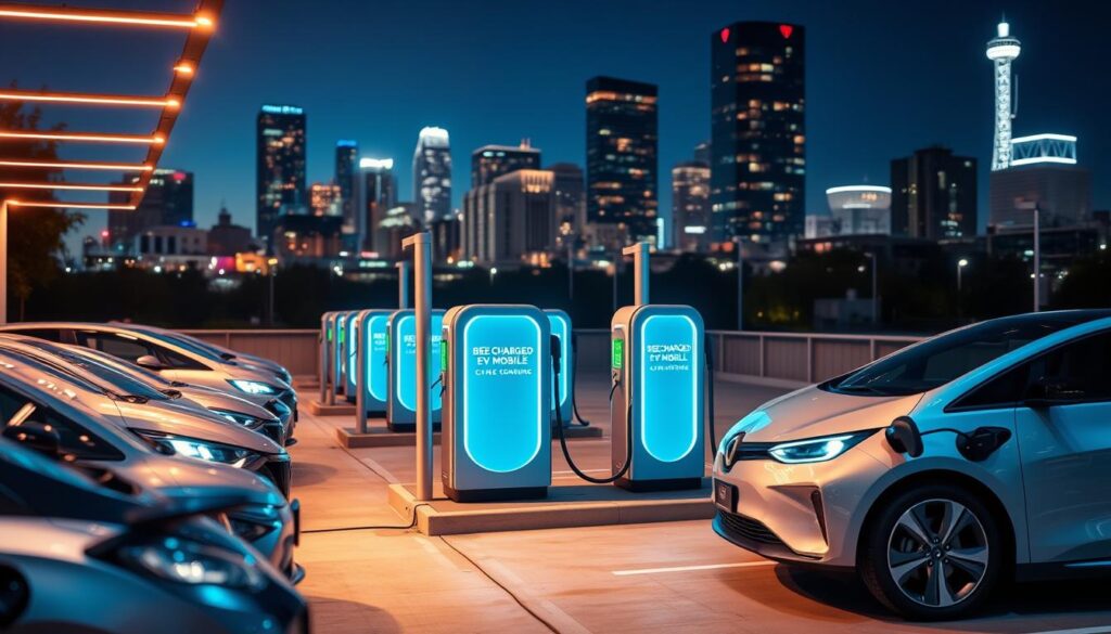 A modern, technologically-advanced electric vehicle charging station, bathed in the warm, inviting glow of LED lighting. In the foreground, a fleet of sleek, electric business vehicles are plugged in, their batteries steadily replenishing. The middle ground features the "BEE CHARGED EV MOBILE CHARGING" branded charging units, their minimalist design and bold colors commanding attention. In the background, the bustling cityscape of Houston's urban landscape provides a dynamic, metropolitan backdrop. The scene exudes a sense of efficiency, sustainability, and the future-forward vision of on-site, eco-friendly fleet charging solutions.