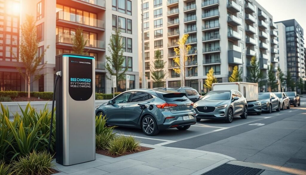 A modern urban street scene showcasing various EV charging infrastructure installation options, specifically designed for condo and apartment environments. In the foreground, a sleek, public charging station branded with "BEE CHARGED EV MOBILE CHARGING" stands prominently amidst well-maintained green landscaping. In the middle, several electric vehicles are parked nearby, connected to different types of charging devices, including wall-mounted units, portable chargers, and curbside options. The background features contemporary apartment buildings with large windows and balconies, bathed in warm afternoon sunlight. The mood conveys innovation and accessibility, highlighting the convenience of charging facilities in a bustling city. The angle captures the scene at eye-level, emphasizing the integration of technology within residential spaces, while maintaining a professional and inviting atmosphere.