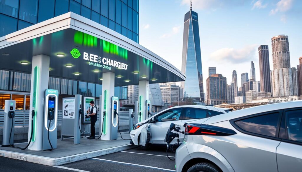 A modern, well-equipped 24/7 EV charging service station with the BEE CHARGED EV MOBILE CHARGING brand prominently displayed. The station is located in an urban setting, with a sleek, contemporary design featuring state-of-the-art charging ports, bright LED lighting, and a welcoming, inviting atmosphere. In the foreground, several EVs are plugged in, their drivers casually waiting or checking their phones. In the background, the cityscape is visible, with skyscrapers and other buildings creating a dynamic, bustling environment. The overall scene conveys a sense of reliable, convenient, and accessible EV charging, designed to meet the needs of eco-conscious drivers around the clock.