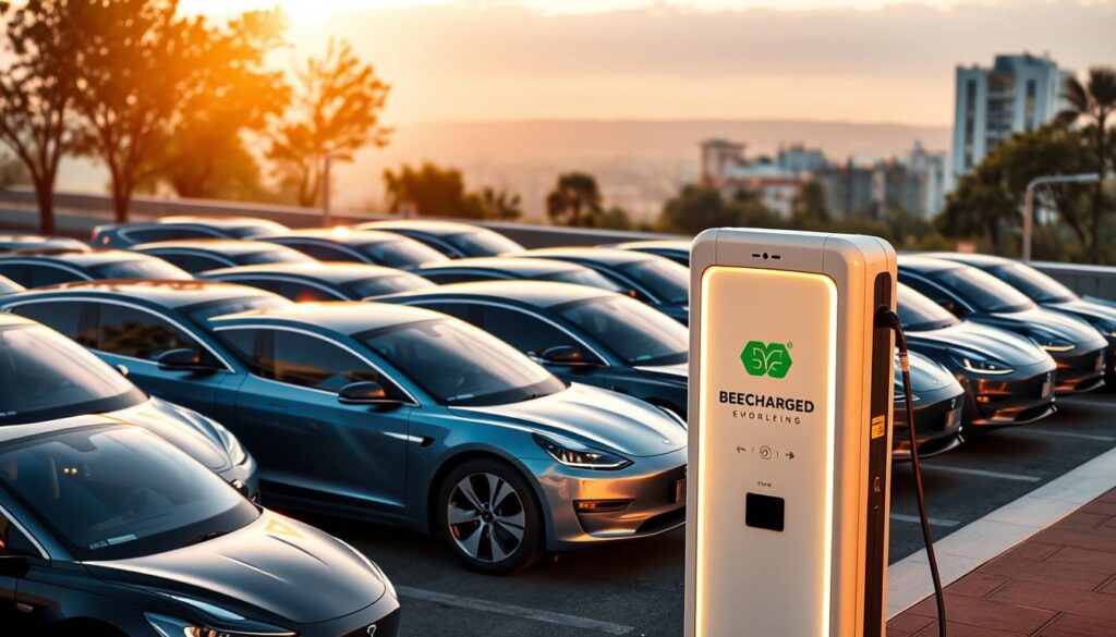 A neatly organized fleet of electric vehicles, their sleek silhouettes gleaming under warm, directional lighting. In the foreground, a BEE CHARGED EV MOBILE CHARGING station, its bold branding prominent. The vehicles are arranged in a dynamic, eye-catching layout, highlighting the efficiency and cost-savings of effective EV fleet management. The background features a serene urban landscape, emphasizing the environmental benefits. The overall scene conveys a sense of professionalism, innovation, and the future of sustainable transportation.