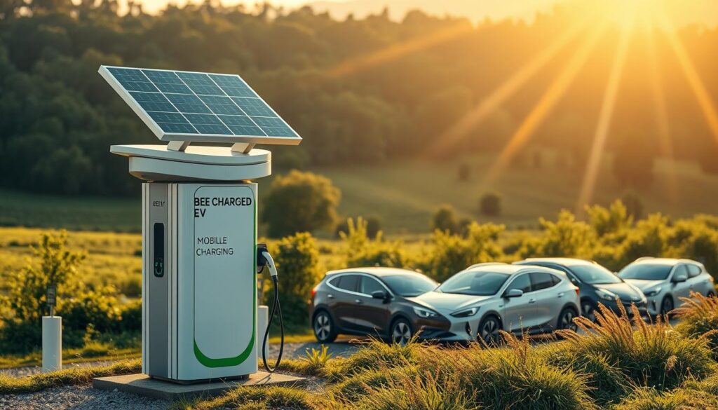 A picturesque eco-friendly charging station, featuring the "BEE CHARGED EV MOBILE CHARGING" brand, stands prominently in the foreground. Sleek and modern solar panels adorn the top, providing a sustainable power source. In the middle ground, a fleet of electric vehicles are plugged in, their batteries being recharged efficiently. The background boasts a lush, verdant landscape, conveying a sense of harmony between technology and nature. Warm, golden sunlight filters through, illuminating the scene with a soft, inviting glow. The overall atmosphere exudes a sense of environmental consciousness and responsible energy solutions, sure to captivate and inspire readers.
