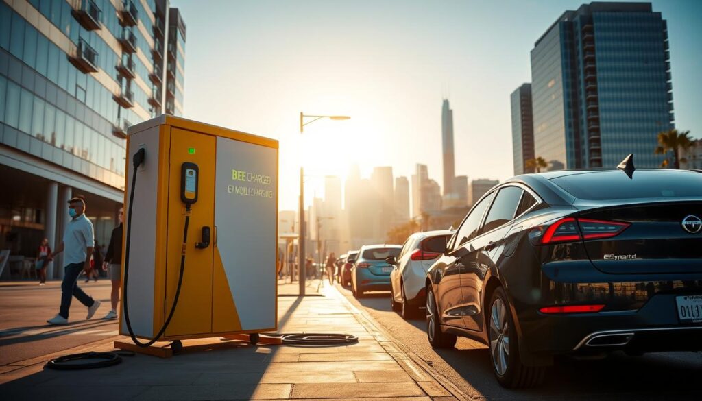 A portable EV charging station standing prominently in a bustling urban setting. The sleek, modern design of the "BEE CHARGED EV MOBILE CHARGING" unit commands attention, its vibrant colors and clean lines complementing the cityscape. In the foreground, an electric vehicle is plugged in, its driver eagerly awaiting a full charge. Sunlight casts warm, golden tones across the scene, creating a sense of energy and progress. The middle ground features pedestrians and other EVs, highlighting the growing adoption of sustainable transportation. In the background, the skyline of a vibrant metropolis, such as Los Angeles, serves as a backdrop, reflecting the increasing demand for portable charging solutions to support the shift towards electric mobility.