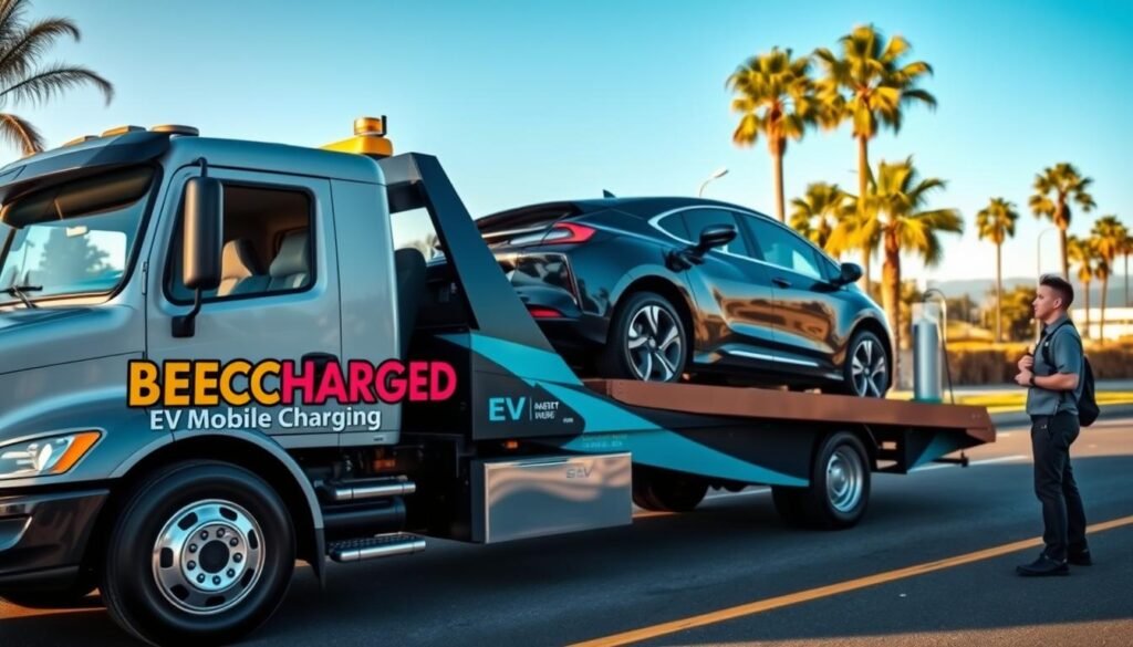 A professional towing service for electric vehicles, featuring a sleek, modern tow truck branded with "BEE CHARGED EV MOBILE CHARGING" in vibrant colors. In the foreground, a professional driver, dressed in a smart uniform, stands beside the truck, ready to assist. The middle ground showcases an electric vehicle smoothly loaded onto the tow truck, emphasizing specialized equipment. The background features a sunny Orange County landscape with palm trees and a clear blue sky, suggesting a relaxed atmosphere. Soft, natural lighting enhances the scene, highlighting the efficiency and reliability of the towing service. The angle should capture the truck and the EV dynamically, creating a sense of movement and urgency, evoking trust and dependability in EV support services.