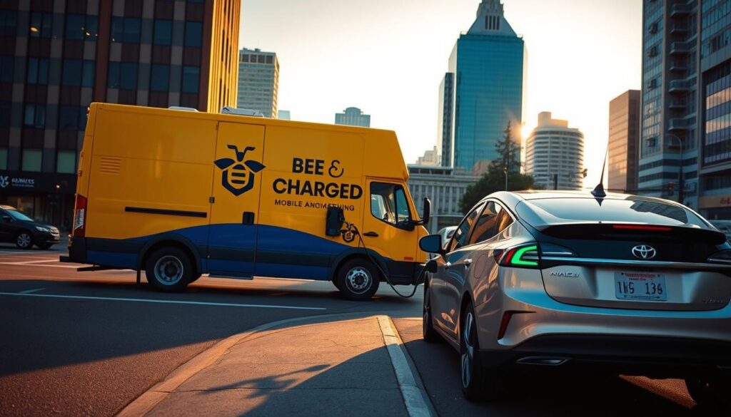 A roadside scene with a BEE CHARGED EV MOBILE CHARGING van parked on the side of a San Francisco street, its bright yellow exterior and distinctive logo standing out against the urban backdrop. In the foreground, a stranded electric vehicle is being connected to the mobile charging unit, its battery indicator showing a low charge. The lighting is dramatic, with a mix of warm golden tones from the setting sun and cool blue shadows cast by the surrounding skyscrapers. The composition emphasizes the urgency and importance of the mobile charging service, capturing the moment when the EV driver receives the essential support they need to continue their journey.