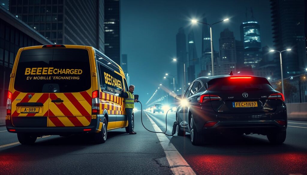 A roadside scene with a prominent "BEE CHARGED EV MOBILE CHARGING" branded service van, its vibrant yellow and black livery standing out against the urban backdrop. The van is parked alongside a stranded electric vehicle, its charging cable extended, with a technician in a reflective vest assisting the driver. In the foreground, emergency warning lights flash, casting an intense glow. The middle ground features a well-lit city street at night, with skyscrapers and streetlamps visible in the distance. The overall mood is one of urgency and professionalism, conveying the crucial role of mobile EV charging support in keeping corporate fleets on the road.