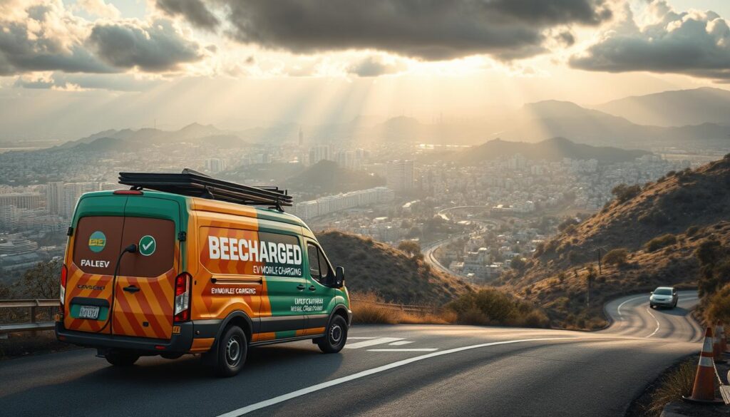 A rugged electric vehicle charging in a hilly, winding road against the backdrop of a sprawling city. The "BEE CHARGED EV MOBILE CHARGING" van is parked on the side, its vibrant branding standing out amidst the urban landscape. Sunlight filters through the clouds, casting warm, dramatic shadows across the scene. The environment evokes a sense of adventure and the unique challenges of mobile charging in Hollywood's diverse terrain. The camera angle highlights the inclined road, emphasizing the technical prowess required to service EVs in this demanding setting. The overall mood is one of innovation, resilience, and the future of sustainable transportation.