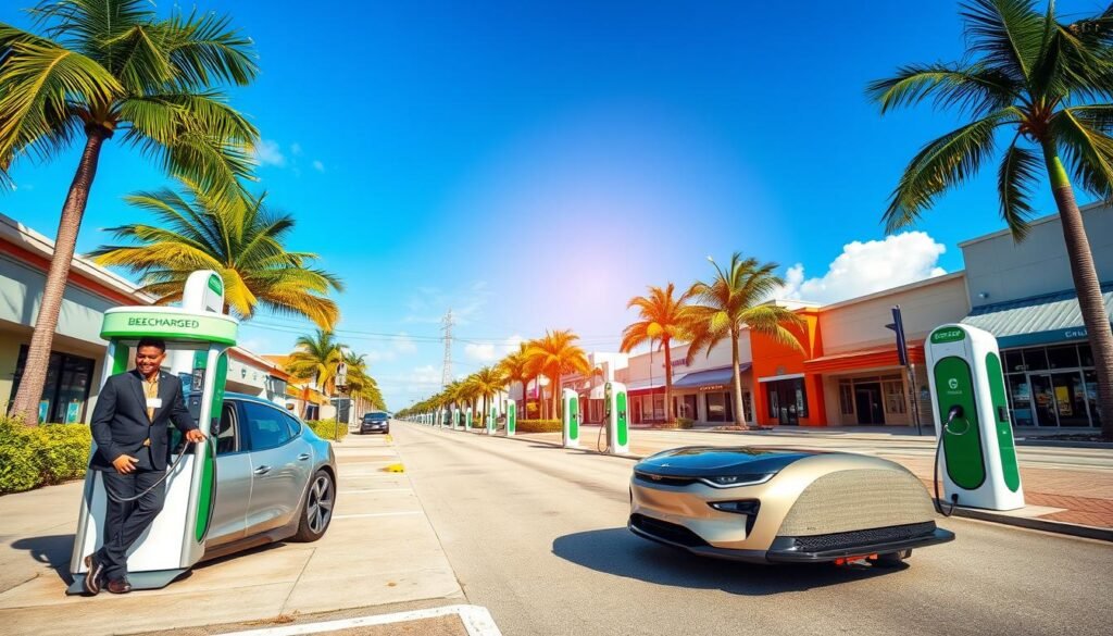A scenic view of a vibrant Fort Lauderdale neighborhood showcasing the expansive mobile charging coverage for electric vehicles. In the foreground, a sleek electric vehicle parked near a BEE CHARGED EV MOBILE CHARGING station, with a friendly attendant in business attire assisting a driver. The middle ground features additional EV charging stations positioned strategically along a sunny boulevard lined with palm trees and colorful storefronts, illustrating accessibility. In the background, a clear blue sky casts warm sunlight over the scene, enhancing the inviting atmosphere. The camera angle captures a slightly elevated perspective to emphasize the extensive range of charging stations across the area, with subtle details of the bustling street life adding energy to the composition. The overall mood is optimistic and forward-thinking, reflecting the convenience of on-the-go charging solutions in Fort Lauderdale and beyond. A scenic view of a vibrant Fort Lauderdale neighborhood showcasing the expansive mobile charging coverage for electric vehicles. In the foreground, a sleek electric vehicle parked near a BEE CHARGED EV MOBILE CHARGING station, with a friendly attendant in business attire assisting a driver. The middle ground features additional EV charging stations positioned strategically along a sunny boulevard lined with palm trees and colorful storefronts, illustrating accessibility. In the background, a clear blue sky casts warm sunlight over the scene, enhancing the inviting atmosphere. The camera angle captures a slightly elevated perspective to emphasize the extensive range of charging stations across the area, with subtle details of the bustling street life adding energy to the composition. The overall mood is optimistic and forward-thinking, reflecting the convenience of on-the-go charging solutions in Fort Lauderdale and beyond.