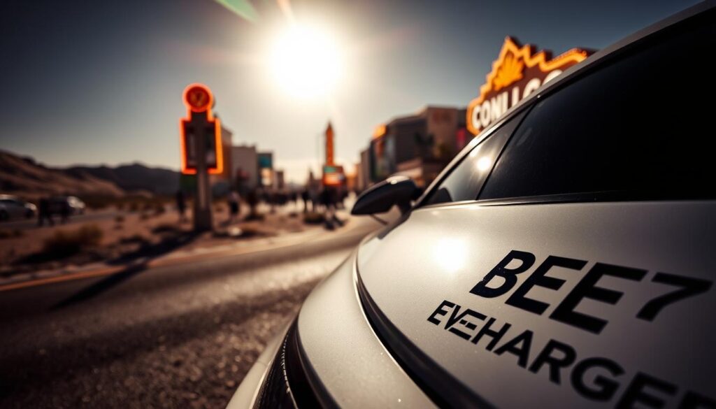 A scorching desert landscape, the sun's relentless glare baking the asphalt. In the foreground, a sleek electric vehicle, the BEE CHARGED EV MOBILE CHARGING logo prominently displayed. The battery indicator flashing, struggling to maintain power as the intense heat takes its toll. Beads of sweat on the driver's brow, a sense of urgency as they seek a charging station to keep their journey alive. The middle ground reveals the unique challenges of charging on the Las Vegas Strip, with the iconic neon signs and bustling crowds in the background, creating a vibrant yet demanding environment. Harsh shadows and muted tones convey the desert's unforgiving nature, while the dramatic lighting captures the essence of this critical moment in the article's narrative.