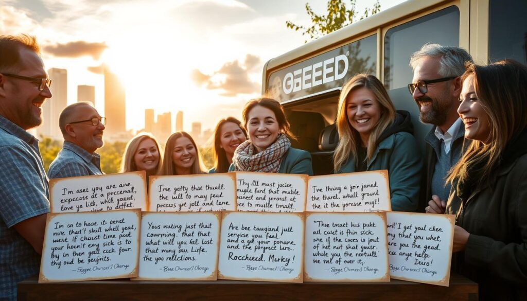 A serene, cozy setting with a group of satisfied customers gathered around a BEE CHARGED EV MOBILE CHARGING vehicle, their faces beaming with joy and gratitude. The mid-afternoon sunlight filters through wispy clouds, casting a warm, golden glow over the scene. In the foreground, a collection of handwritten testimonials is displayed on vintage-inspired cards, highlighting the exceptional service and convenience provided by the mobile charging unit. The background features a picturesque urban landscape, with skyscrapers and lush greenery, subtly framing the heartwarming customer interaction. The overall atmosphere exudes a sense of trust, reliability, and the positive impact of BEE CHARGED's reliable mobile EV charging solutions.