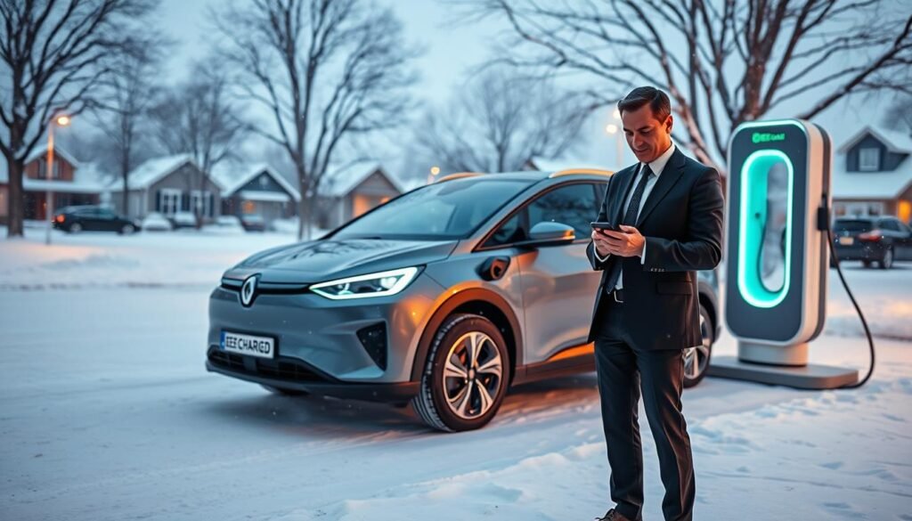 A serene winter scene featuring a modern electric vehicle (EV) parked at a sleek, inviting charging station branded with "BEE CHARGED EV MOBILE CHARGING". In the foreground, a confident EV owner in professional business attire, displaying a relaxed demeanor while checking their phone for charging updates. The middle ground showcases the charging station, illuminated with soft blue and green lights, symbolizing sustainability and technology. In the background, gently falling snowflakes create a peaceful atmosphere, with a cozy neighborhood or cityscape subtly visible. The scene is captured with a wide-angle lens in natural lighting, emphasizing clarity and warmth, evoking a sense of reassurance and dependability during winter driving.