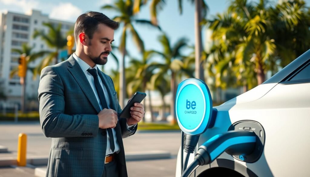 A skilled technician in a well-fitted business attire, inspecting a state-of-the-art electric vehicle charging station labeled with "BEE CHARGED EV MOBILE CHARGING". In the foreground, the technician holds safety equipment, showing confidence and expertise. The middle ground features a modern electric vehicle plugged into the charger, with a bright blue LED indicator light glowing, symbolizing an active charging process. The background showcases a clean urban setting in Fort Lauderdale, with palm trees and a clear blue sky. Soft sunlight casts gentle highlights on the scene, creating an atmosphere of reliability and professionalism, emphasizing the importance of technician expertise and safety assurance in mobile EV charging services.