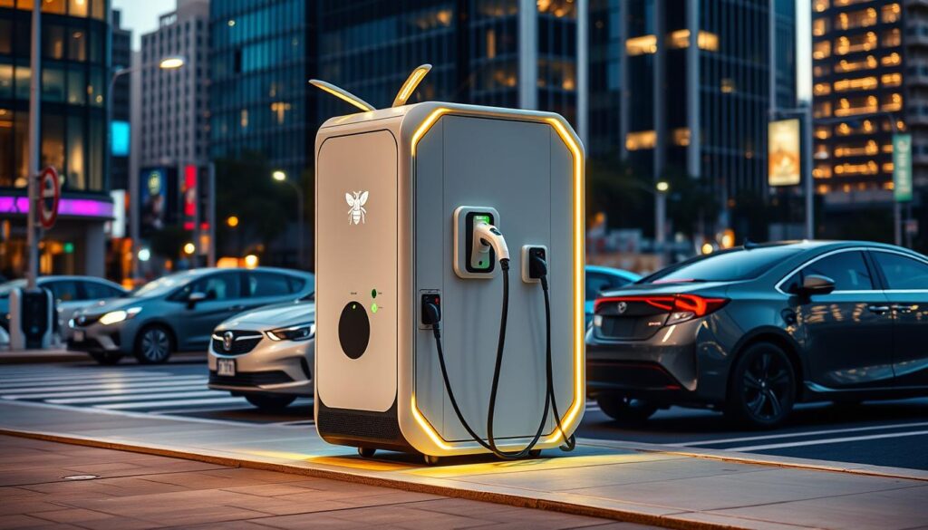 A sleek and cutting-edge mobile EV charging station, the BEE CHARGED EV MOBILE CHARGING unit stands tall against a backdrop of a bustling urban landscape. Adorned with a striking bee-inspired design, this state-of-the-art solution offers on-site charging convenience for electric fleets, its compact form seamlessly integrated into the city environment. Powerful charging ports protrude from the unit, ready to replenish the batteries of parked EVs, while intuitive controls and a user-friendly interface make the charging process effortless. Bathed in warm, diffused lighting, the BEE CHARGED EV MOBILE CHARGING station embodies a perfect blend of functionality and eye-catching aesthetics, capturing the spirit of the future of sustainable transportation.