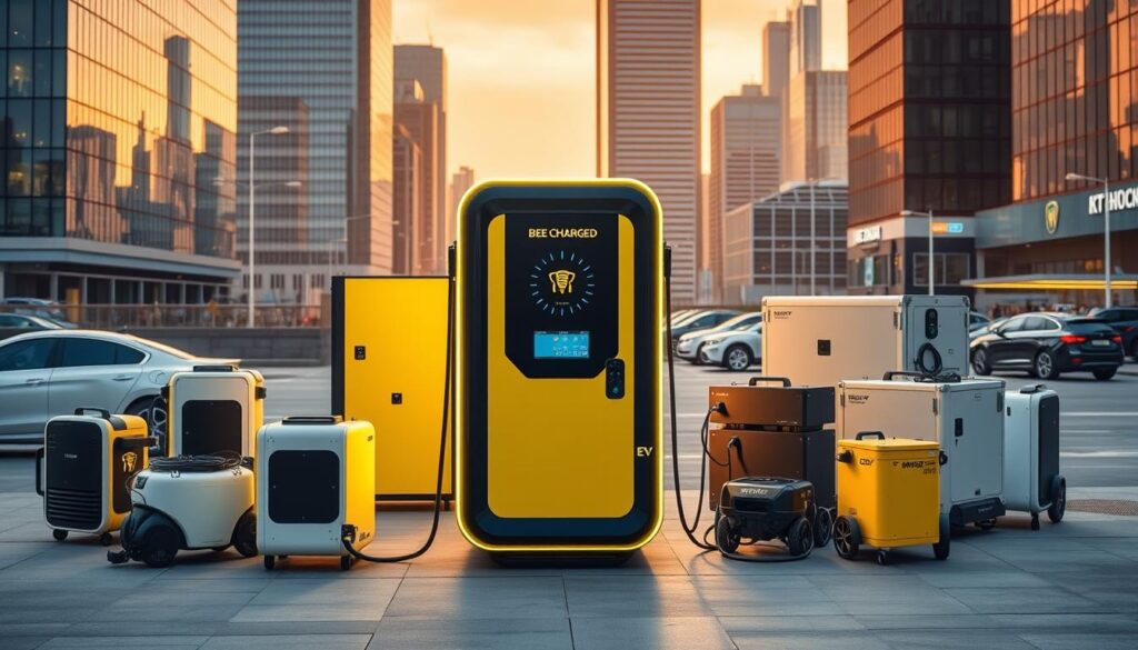 A sleek and futuristic BEE CHARGED EV MOBILE CHARGING station stands prominently in the center, its vibrant yellow and black design catching the eye. Around it, a diverse array of portable charging solutions are showcased - from compact charging pods to rugged mobile power units, all equipped with cutting-edge technology. The scene is bathed in a warm, inviting lighting, creating a sense of efficiency and innovation. In the background, a cityscape of modern high-rises and electric vehicles hints at the urban setting, emphasizing the practical application of these portable charging solutions for on-the-go electric fleet needs.