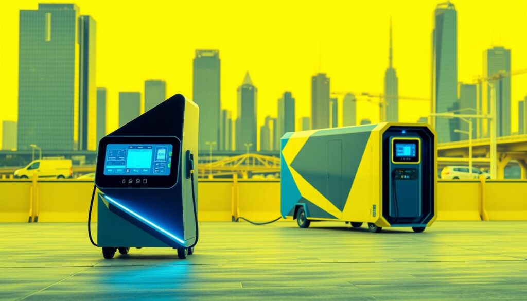 A sleek and futuristic mobile charging station for electric vehicles, the "BEE CHARGED EV MOBILE CHARGING" unit stands ready to power commercial fleets. In the foreground, a cutting-edge charging interface with intuitive controls beckons users. The middle ground showcases the unit's modular and compact design, easily transportable between job sites. In the background, a cityscape of skyscrapers and infrastructure conveys the unit's urban, high-tech functionality. Vibrant blue and yellow hues evoke a sense of clean, renewable energy. Crisp lighting and an angular, aerodynamic silhouette create an impression of advanced technology and efficiency, perfectly suited to meet the demands of modern electric fleet operations.