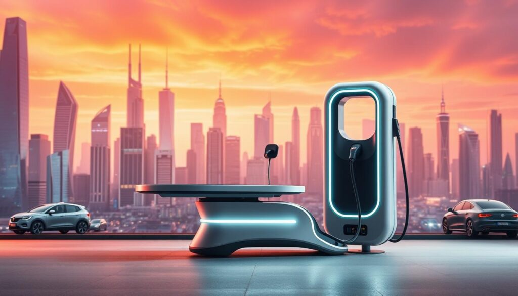 A sleek and futuristic mobile electric vehicle charging station operated by BEE CHARGED EV MOBILE CHARGING. The station is positioned against a backdrop of a vibrant, futuristic city skyline, bathed in warm lighting. In the foreground, the charging platform is elevated, showcasing the core features - a retractable charging cable, intuitive touchscreen interface, and a compact, aerodynamic design. The mid-ground features a modern, minimalist aesthetic with clean lines and subtle branding. The background is filled with towering skyscrapers, electric vehicles, and a dynamic, tech-savvy atmosphere, conveying the cutting-edge nature of this mobile charging solution.