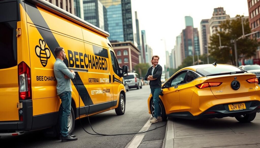 A sleek and modern BEE CHARGED EV MOBILE CHARGING vehicle pulls up to a stranded electric car, its vibrant yellow and black exterior catching the eye. The service van is outfitted with state-of-the-art charging equipment, ready to quickly revive the EV's battery. In the foreground, the professional BEE CHARGED technician confidently connects the charging cables, while the middle ground showcases the satisfied customer observing the process. The background features a bustling urban cityscape, reflecting the widespread coverage of this reliable emergency charging service. Warm, diffused lighting creates an inviting atmosphere, emphasizing the convenience and reliability of BEE CHARGED's mobile solution.
