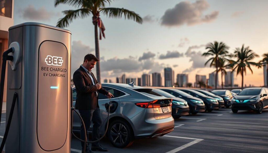 A sleek and modern electric vehicle (EV) charging station branded with "BEE CHARGED EV MOBILE CHARGING" prominently displayed. In the foreground, a professional-looking technician in a smart uniform checks the charging status on an EV while engaging with a customer. The middle ground features a well-maintained fleet of multiple EVs ready for service, showcasing the efficiency of BeeCharge's emergency and fleet services. In the background, a Miami cityscape under soft, warm evening light, with palm trees swaying gently, adding a tropical vibe. The scene is filled with a sense of professionalism, reliability, and innovation, captured from a slightly elevated angle to emphasize both the technician and the fleet of vehicles, highlighting the value of mobile charging solutions. A sleek and modern electric vehicle (EV) charging station branded with "BEE CHARGED EV MOBILE CHARGING" prominently displayed. In the foreground, a professional-looking technician in a smart uniform checks the charging status on an EV while engaging with a customer. The middle ground features a well-maintained fleet of multiple EVs ready for service, showcasing the efficiency of BeeCharge's emergency and fleet services. In the background, a Miami cityscape under soft, warm evening light, with palm trees swaying gently, adding a tropical vibe. The scene is filled with a sense of professionalism, reliability, and innovation, captured from a slightly elevated angle to emphasize both the technician and the fleet of vehicles, highlighting the value of mobile charging solutions.
