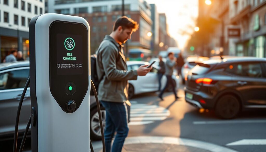 A sleek and modern electric vehicle charging station stands prominently in the foreground, its BEE CHARGED EV MOBILE CHARGING branding clearly visible. In the middle ground, a person effortlessly books a charging session on their smartphone, highlighting the convenience of on-demand mobile charging. The background depicts a bustling urban scene, with other electric vehicles and pedestrians, conveying a sense of a thriving eco-friendly environment. The lighting is soft and warm, creating an inviting atmosphere. The camera angle is slightly elevated, providing a comprehensive view of the scene and emphasizing the ease and accessibility of the mobile charging service.