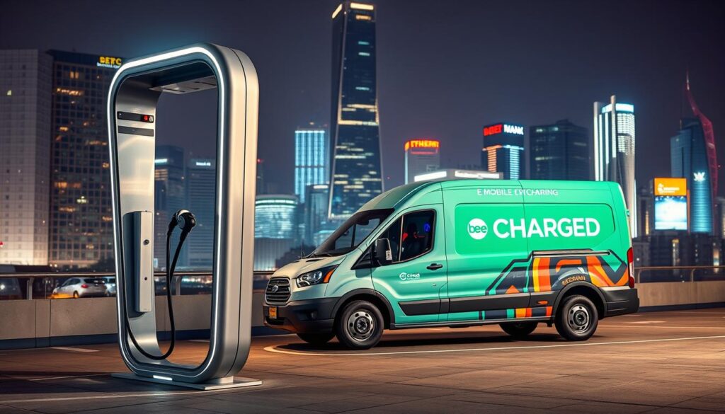 A sleek and modern electric vehicle charging station stands prominently in the foreground, its gleaming metal frame and futuristic design catching the eye. In the middle ground, a BEE CHARGED EV MOBILE CHARGING van is parked nearby, its bold branding and vibrant colors drawing the viewer's attention. The background features a bustling urban landscape, with towering skyscrapers and a vibrant city skyline setting the scene. The lighting is crisp and evocative, casting dramatic shadows and highlighting the technological elegance of the charging station. The overall mood is one of efficiency, innovation, and a sense of urgency, underscoring the importance of accessible and reliable emergency EV charging services in the surrounding areas.
