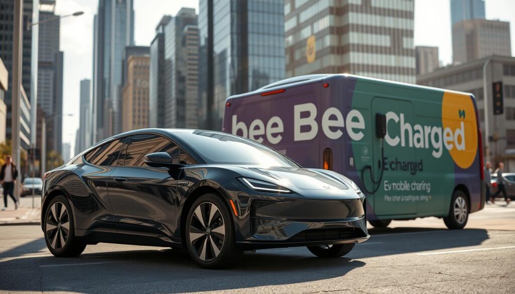 A sleek and modern electric vehicle in the foreground, its glossy exterior reflecting the sunlight. In the background, a large BEE CHARGED EV MOBILE CHARGING van, its bold branding and vibrant colors catching the eye. The scene is set in a bustling urban environment, with towering skyscrapers and a vibrant city skyline in the distance. The lighting is crisp and natural, casting long shadows and highlighting the clean, futuristic design of the vehicles. The overall atmosphere conveys a sense of convenience, innovation, and the seamless integration of electric mobility into modern city life.