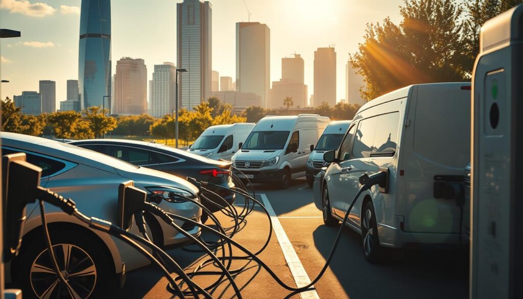 A sleek and modern fleet of electric vehicles charging at a BEE CHARGED EV MOBILE CHARGING station. The scene is bathed in a warm, golden light, casting long shadows and creating a sense of energy and efficiency. In the foreground, the charging cables are neatly arranged, connecting the vehicles to the state-of-the-art charging infrastructure. The middle ground showcases the diverse fleet, including sedans, SUVs, and delivery vans, all seamlessly integrated into the charging ecosystem. In the background, a cityscape of gleaming skyscrapers and lush greenery provides a backdrop, suggesting the urban and eco-friendly nature of this mobile charging solution. The overall composition conveys a sense of technological advancement, environmental responsibility, and the convenience of on-site charging for municipal and corporate fleets.