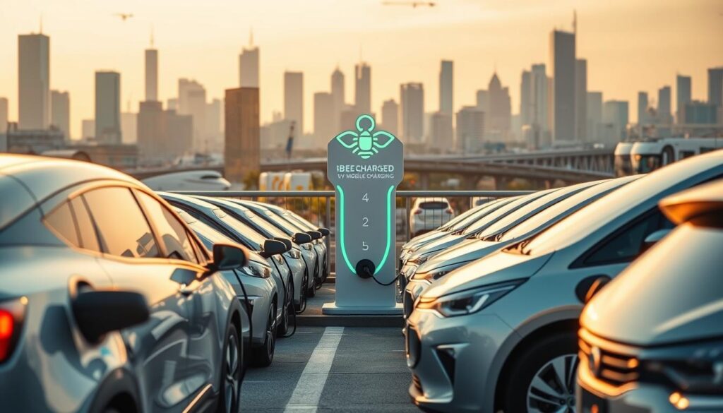 A sleek and modern fleet of electric vehicles charging at a cutting-edge "BEE CHARGED EV MOBILE CHARGING" station. In the foreground, the vehicles are neatly parked, their batteries silently refilling with clean, renewable energy. The middle ground showcases the BEE CHARGED branding, with a bold, futuristic design that commands attention. In the background, a cityscape of skyscrapers and infrastructure hints at the widespread adoption of sustainable mobility solutions. The scene is bathed in warm, golden lighting, creating a sense of progress and optimism. The overall composition conveys the efficiency, convenience, and environmental benefits of fleet EV charging for businesses, enticing readers to learn more.