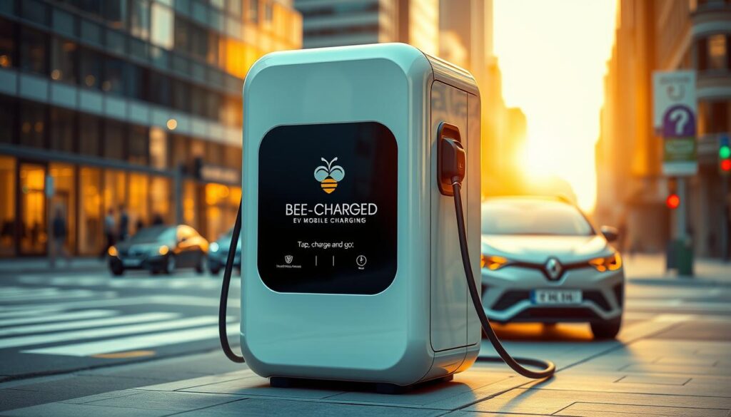 A sleek and modern mobile DC fast charging station with the BEE CHARGED EV MOBILE CHARGING brand prominently displayed. The station features a compact, modular design with a smooth, futuristic aesthetic. The charger's interface is intuitive and user-friendly, allowing for a seamless charging experience. The station is set against a backdrop of a vibrant, urban cityscape, hinting at the convenience and accessibility of this innovative charging technology. The scene is bathed in a warm, golden light, creating a sense of energy and progress. The overall composition conveys a vision of a future where mobile EV charging is seamlessly integrated into the urban landscape, empowering drivers to "Tap, charge, and go" with ease.