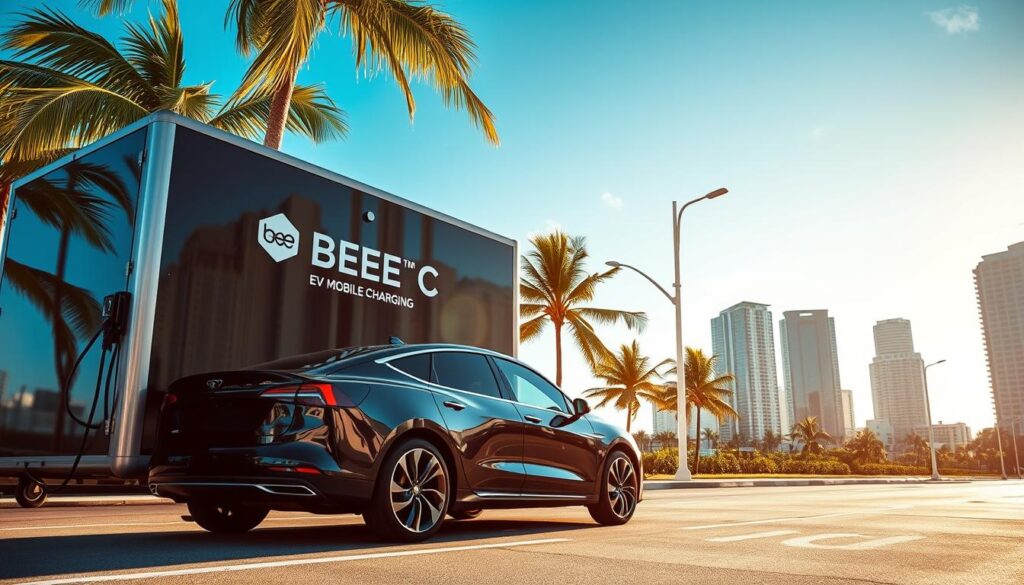 A sleek and modern mobile EV charging station parked on the sun-drenched streets of Miami, the "BEE CHARGED EV MOBILE CHARGING" logo prominently displayed. In the foreground, a luxury electric vehicle is plugged in, its glossy exterior reflecting the vibrant hues of the city. The middle ground features palm trees swaying gently in the warm breeze, and the background showcases the iconic Miami skyline, complete with high-rise buildings and a clear blue sky. The scene is bathed in a warm, golden light, creating a sense of sophistication and convenience for the modern electric vehicle owner. The image conveys the essential role of mobile charging solutions in the heart of Miami's luxury EV experience.