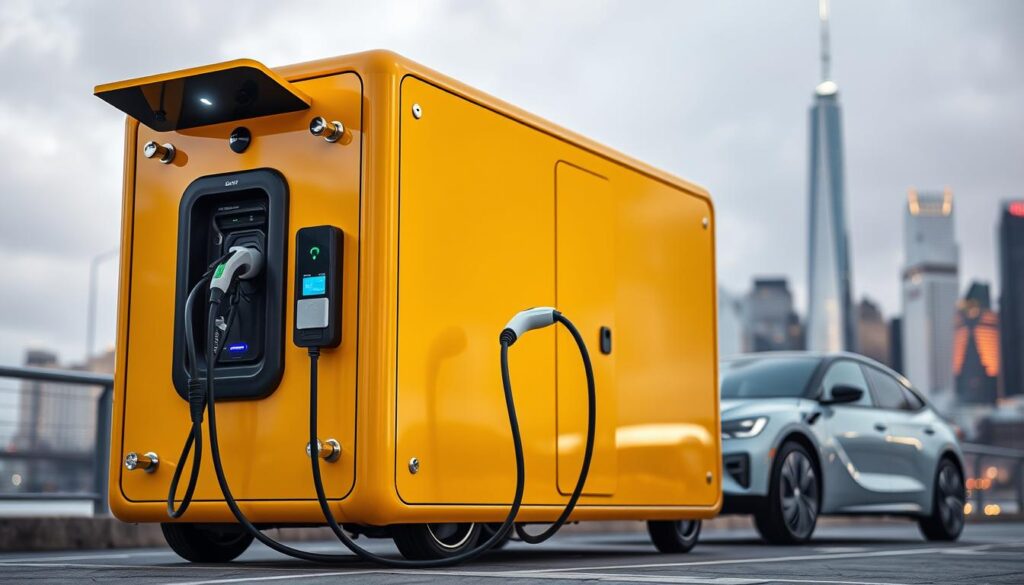 A sleek and modern mobile EV charging station, the "BEE CHARGED EV MOBILE CHARGING" unit stands prominently in the foreground. Detailed chrome fixtures and a vibrant yellow exterior create an eye-catching design. In the middle ground, the charging cable snakes out, ready to power electric vehicles of various makes and models. The background showcases a city skyline, hinting at the versatility of this mobile solution to serve urban areas. Soft, diffused lighting creates a welcoming atmosphere, while the angle and composition draw the viewer's attention to the station's key features. This image captures the innovative spirit and accessibility of the "BEE CHARGED EV MOBILE CHARGING" service.