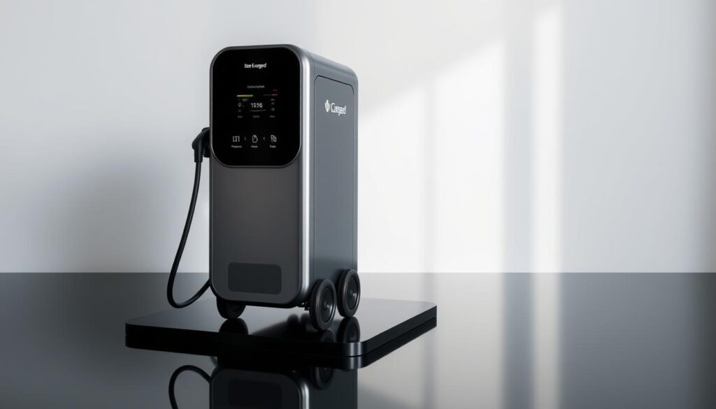 A sleek and portable BEE CHARGED EV MOBILE CHARGING unit, its streamlined design gleaming in the soft, diffused light. The unit stands atop a glossy black surface, casting a subtle reflection. Surrounding it, a minimalist backdrop of muted greys and whites, creating a clean, modern aesthetic. The charger's intuitive controls and display are prominently featured, inviting the user to interact with this innovative mobile technology. Subtle shadows and highlights accentuate the charger's form, conveying a sense of quality craftsmanship. This captivating image showcases the BEE CHARGED EV MOBILE CHARGING solution, a beacon of convenience and sustainability in the world of commercial fleet electrification.