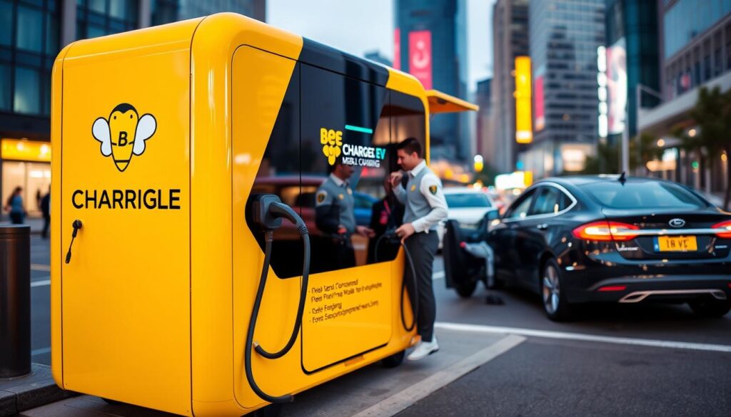 A sleek, contemporary mobile EV charging station in bright yellow and black, emblazoned with the bold "BEE CHARGED EV MOBILE CHARGING" logo. In the foreground, a helpful technician in a crisp uniform assists a driver with their electric vehicle, while the mid-ground showcases the charging unit's cutting-edge design and advanced features. In the background, a bustling urban cityscape sets the scene, conveying the on-demand, readily available nature of this premium mobile charging service. Soft, diffused lighting creates a warm, welcoming atmosphere, capturing the professionalism and reliability of Bee Charged Ev's top-tier EV expertise.