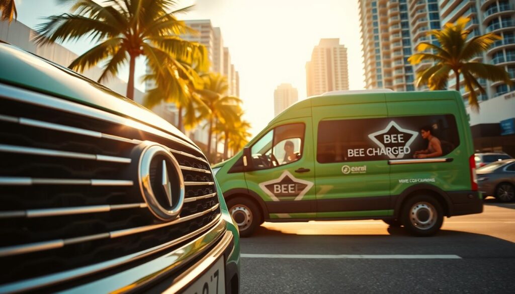 A sleek, eco-friendly "BEE CHARGED EV MOBILE CHARGING" service vehicle navigates the vibrant streets of Miami, Florida. The front grille gleams in the warm, golden sunlight, reflecting the city's vibrant energy. In the foreground, an electric vehicle owner eagerly awaits a quick, on-demand charge, their car's battery icon blinking impatiently. The middle ground features the BEE CHARGED logo prominently displayed on the service van's side panel, emphasizing the brand's commitment to sustainable mobility. In the background, the iconic palm trees and high-rise buildings of Miami's skyline provide a dynamic, metropolitan backdrop, capturing the essence of this thriving, forward-thinking city.