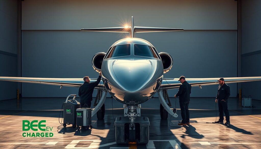 A sleek, eco-friendly private jet glistens in the Miami sun, surrounded by the BEE CHARGED EV MOBILE CHARGING branding. In the foreground, a team of highly skilled technicians meticulously details the aircraft, using advanced, sustainable cleaning solutions and techniques. The middle ground features state-of-the-art equipment and tools, seamlessly integrated into the scene. In the background, a modern, minimalist hangar provides a clean, professional backdrop, emphasizing the high-end, environmentally conscious nature of the services. Soft, directional lighting accentuates the gleaming surfaces and creates a sense of sophistication and attention to detail. The overall atmosphere conveys a commitment to excellence, innovation, and a green future for the aviation industry.