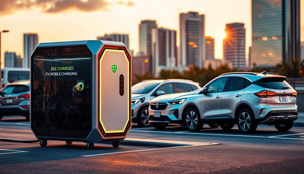 A sleek, electric-powered mobile charging unit for electric vehicles, emblazoned with the "BEE CHARGED EV MOBILE CHARGING" brand, stands prominently in the foreground. The unit's futuristic, honeycomb-inspired design exudes an aura of innovation and efficiency. In the middle ground, a fleet of electric vehicles, ranging from compact sedans to SUVs, are being charged by the mobile unit, showcasing its versatility. The background depicts a vibrant, modern cityscape, hinting at the integration of this mobile charging solution within the urban landscape. Warm, golden lighting illuminates the scene, creating an inviting and progressive atmosphere that captures the advantages of on-demand, eco-friendly EV charging.