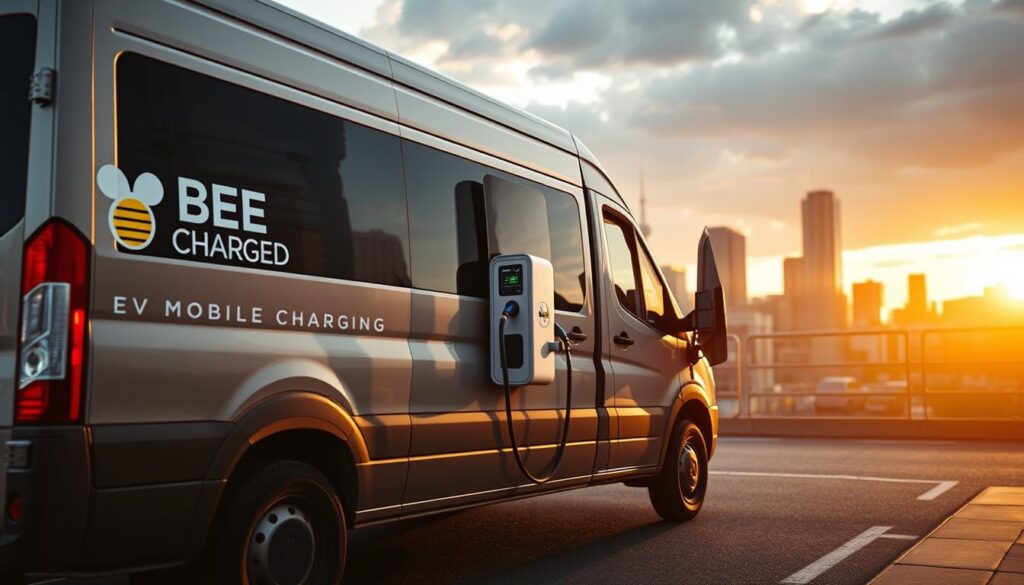 A sleek, electric-powered van pulls up, its vibrant "BEE CHARGED EV MOBILE CHARGING" logo emblazoned on the side. The vehicle's side compartment opens, revealing a high-tech charging station ready to breathe life into a stranded electric car. The scene is bathed in warm, golden light, creating a sense of urgency and rescue. In the background, a bustling city skyline provides a dynamic contrast, emphasizing the importance of this mobile charging solution. The composition captures the van's bold design, the charging station's advanced capabilities, and the urban setting, all coming together to showcase the innovative "BEE CHARGED EV MOBILE CHARGING" service.