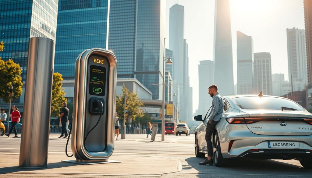 A sleek, futuristic BEE CHARGED EV MOBILE CHARGING station stands amidst a bustling urban landscape. Sunlight glints off its metallic chassis, creating a warm, inviting glow. In the foreground, an electric vehicle is seamlessly connected to the charging port, its owner watching intently as the battery level rises. The middle ground reveals the station's compact, modular design, allowing it to be easily deployed in public spaces. In the background, towering skyscrapers and a vibrant cityscape set the scene, conveying a sense of progress and innovation. The overall atmosphere is one of efficiency, sustainability, and the promise of a cleaner, more electric-powered future.