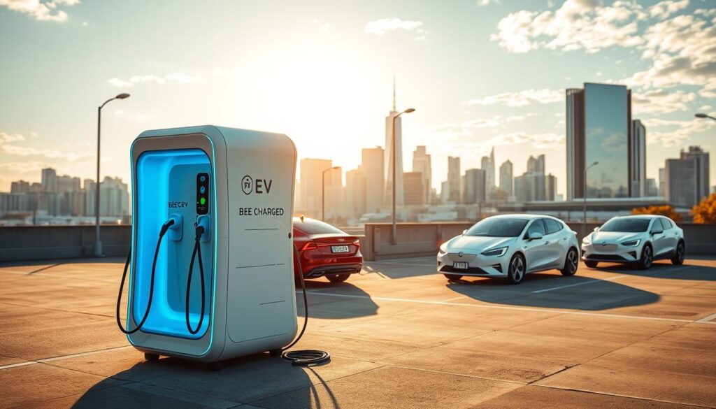 A sleek, futuristic BEE CHARGED EV MOBILE CHARGING station stands prominently in the foreground, its streamlined design and vibrant blue lighting commanding attention. In the middle ground, electric vehicles of various makes and models are seamlessly integrated, their charging ports aligned with the mobile unit's dispensers. The background features a bustling urban cityscape, skyscrapers, and a clear, sun-dappled sky, conveying a sense of progress and technological advancement. The scene is illuminated by natural light, casting warm, inviting shadows and highlights that enhance the overall aesthetic. This dynamic and visually compelling image perfectly encapsulates the power and convenience of mobile EV charging solutions for the modern, eco-conscious business.
