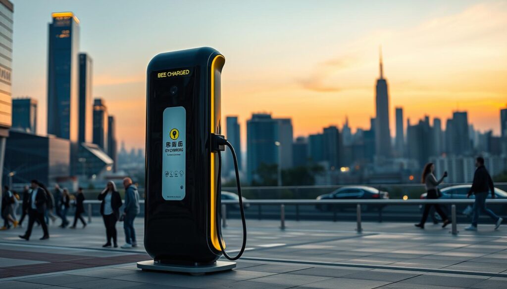 A sleek, futuristic BEE CHARGED EV MOBILE CHARGING station stands prominently in the foreground, its glossy black exterior accented by vibrant yellow highlights. The mid-ground features a busy urban landscape, with towering skyscrapers and bustling pedestrians, conveying a sense of dynamic mobility. In the background, a softly-lit city skyline glows with the warm hues of sunset, creating a serene and inviting atmosphere. The overall composition evokes a harmonious blend of technological innovation and sustainable energy, perfectly capturing the essence of "Transforming Urban Mobility with Portable Power."