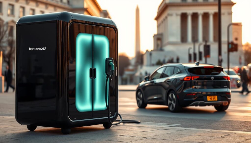 A sleek, futuristic BEE CHARGED EV MOBILE CHARGING unit stands prominently in the foreground, its glossy black exterior and illuminated panels commanding attention. In the middle ground, a modern electric vehicle is parked, its charging port connected to the mobile unit, conveying the seamless integration of the technology. The background features the iconic architecture of Washington, DC, with a hint of a bustling city street, showcasing the versatility and accessibility of this mobile charging solution. The scene is bathed in a warm, inviting light, creating a sense of technological innovation and urban dynamism.