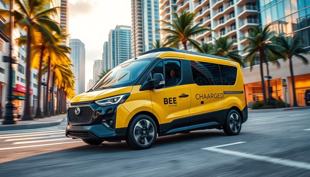 A sleek, futuristic BEE CHARGED EV MOBILE CHARGING van glides through the vibrant streets of Miami, its signature yellow and black hues catching the eye. In the foreground, the van's streamlined profile and cutting-edge design showcase the advanced technology powering its mobile charging capabilities. The middle ground features the bustling urban landscape, with palm trees swaying gently in the warm breeze and a backdrop of towering skyscrapers. Soft, warm lighting illuminates the scene, creating an inviting and dynamic atmosphere that captures the energy and innovation of Miami's emerging EV charging infrastructure. The overall composition conveys a sense of progress, accessibility, and the city's commitment to sustainable transportation solutions.