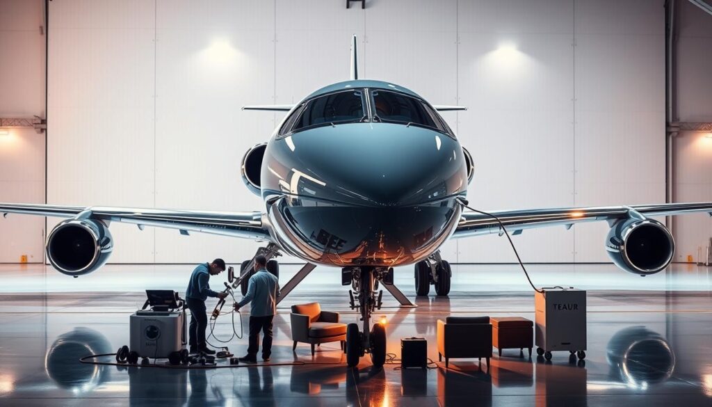 A sleek, futuristic aircraft docked in a state-of-the-art hangar, its surface gleaming under the warm glow of soft lighting. In the foreground, a team of skilled technicians from BEE CHARGED EV MOBILE CHARGING meticulously detailing every inch of the private jet, their specialized tools and equipment showcasing the brand's commitment to excellence. The middle ground features a well-appointed lounge area, where clients can relax and observe the intricate process. In the background, a panoramic view of the hangar's clean, minimalist design, emphasizing the precision and attention to detail that defines the Bee Aircraft Detailing experience. The overall scene conveys a sense of innovation, luxury, and the seamless integration of sustainable technology into the world of high-end aviation.