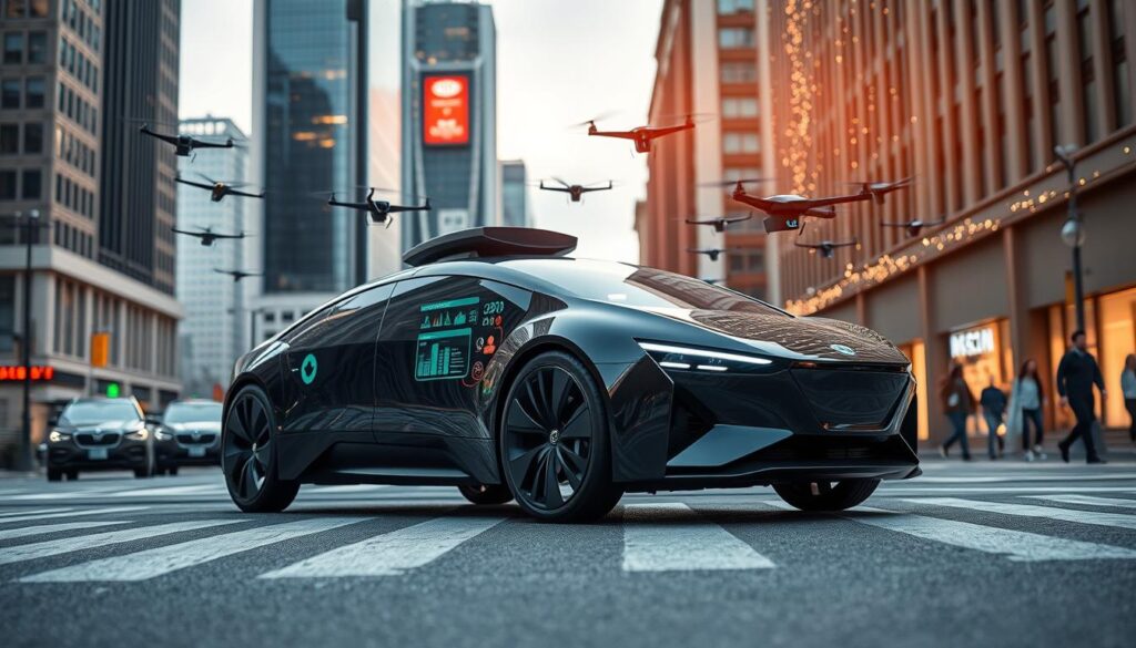 A sleek, futuristic autonomous mobile charger by BEE CHARGED EV MOBILE CHARGING glides effortlessly across a bustling city street. The charger's aerodynamic silhouette and glossy black exterior hint at its advanced technology. Vibrant holographic displays showcase real-time charging data, while a swarm of drones buzz around, seamlessly coordinating the charging process. In the background, skyscrapers and twinkling lights create an urban, high-tech atmosphere. Crisp, dramatic lighting casts dynamic shadows, emphasizing the charger's dynamic, intelligent design. The scene conveys a sense of innovation, efficiency, and the bright future of sustainable, autonomous charging solutions.