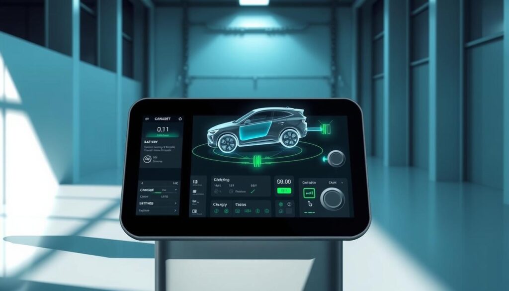 A sleek, futuristic control panel showcases the cutting-edge "BEE CHARGED EV MOBILE CHARGING" technology. In the foreground, a high-resolution touchscreen displays real-time battery levels, charging status, and customizable settings. Surrounding the panel, precision-engineered components and glowing indicators suggest advanced power management algorithms. In the middle ground, a dynamic 3D visualization illustrates the energy flow between the mobile charger and the connected electric vehicle. The background features a minimalist, industrial setting with clean lines and a subtle blue-green hue, creating a sense of efficiency and innovation. Dramatic side lighting casts dramatic shadows, accentuating the sleek, futuristic aesthetic of this state-of-the-art mobile charging solution.