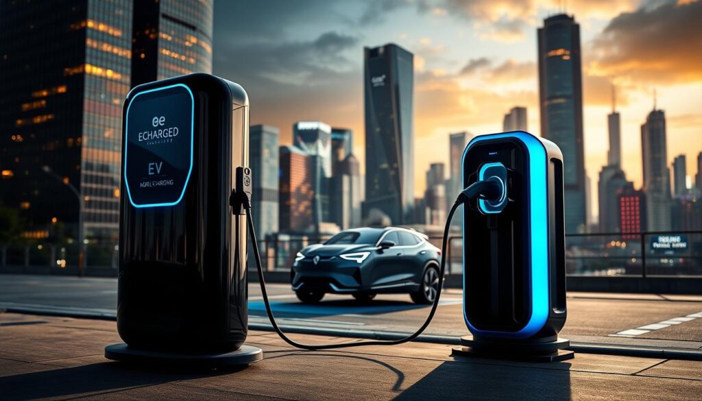 A sleek, futuristic mobile DC fast charging station stands prominently in the foreground, its glossy black exterior and glowing blue accents catching the eye. In the middle ground, a modern electric vehicle is plugged in, its battery rapidly charging through the high-powered connector. The background features a bustling urban landscape, with towering skyscrapers and a vibrant city skyline. Dramatic, cinematic lighting casts dramatic shadows, creating a sense of energy and forward momentum. The station is clearly labeled "BEE CHARGED EV MOBILE CHARGING", highlighting the brand name and conveying the service's capabilities.