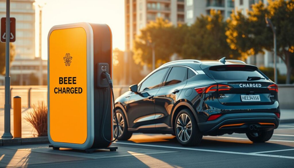 A sleek, futuristic mobile EV charging station, adorned with the bold "BEE CHARGED EV MOBILE CHARGING" branding, stands prominently in the foreground. The station's streamlined design and vibrant, honey-colored accents catch the eye, conveying a sense of modern innovation. In the middle ground, an electric vehicle is shown being recharged, its driver anxiously awaiting the charge. The background depicts a sun-drenched urban landscape, hinting at the convenience of this on-the-go charging solution for stranded EV drivers. Warm, golden lighting bathes the scene, creating an inviting and high-tech atmosphere that captures the game-changing potential of mobile EV charging.