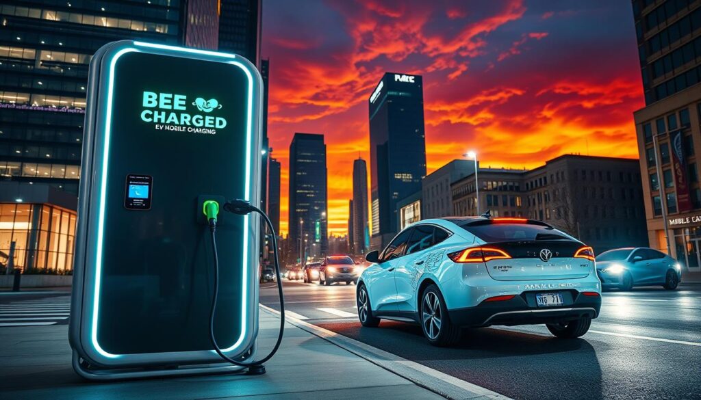 A sleek, futuristic mobile EV charging station prominently displays the "BEE CHARGED EV MOBILE CHARGING" brand name. In the foreground, an electric vehicle is plugged in, its driver anxiously waiting as the charger's display panel indicates the rapid restoration of range. The middle ground features a well-lit, modern urban setting with skyscrapers and busy streets, conveying a sense of emergency and the need for on-demand charging solutions. The background is illuminated by a dramatic, vibrant sunset, casting a warm, dramatic glow over the entire scene and emphasizing the urgency of the situation. Captured with a wide-angle lens, the image aims to grab the viewer's attention and effectively illustrate the availability of emergency EV charging services in Maryland.